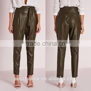 New Arrival Khaki Tie Waist Faux Leather Pants Women thumbnail-6