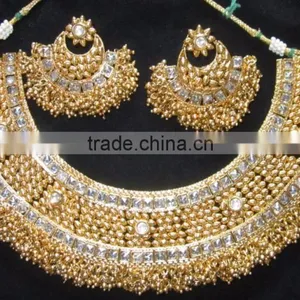 GOLD PLATED TEMPLE DESIGN BROAD Necklace RAMLEELA EARRING Set thumbnail-1