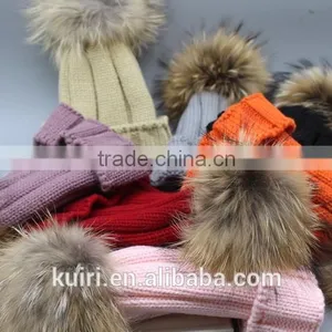 Winter Kids Fur Pom Pom Hats Baby Knitted Beanie 100% Real Raccoon Fur Cap For Boy Girl thumbnail-2