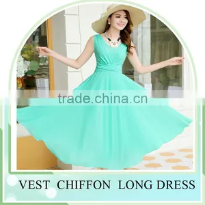 2016 Summer Hot Sale Sleeveless V Neck Long Dress Skirt for Girls Beach Dress thumbnail-1