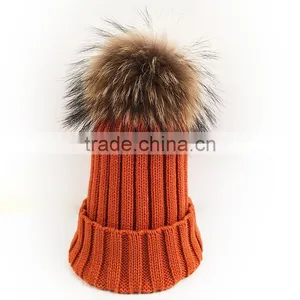 Myfur Orange Warm Ribbed Knit Hat With Natural Raccoon Fur Ball Top thumbnail-1