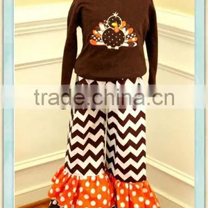 Thanksgiving Outfit for Thanksgiving Chevron Ruffle Pant Set Turkey Shirt Chevron Ruffle Pants Double Ruffle Pants Brown Toddler thumbnail-1