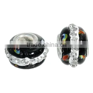 Lampwork Glass European Style Large Hole Charm Beads Round Silver Plated Core Black Clear Rhinestone thumbnail-3