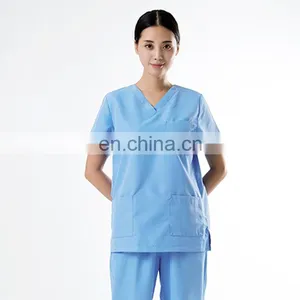 V-neck 3 Pocket Blue Polyester Cotton Oem Medical Scrub Suits thumbnail-1