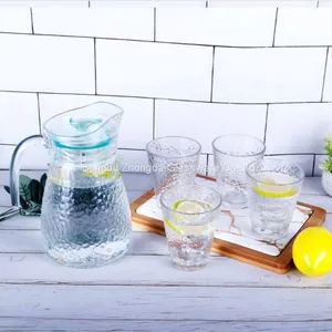 Hammer Pattern Design Glass Water Jug Set 1 Glass Water Pitcher and 4 Water Cups thumbnail-1