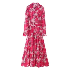 Spring and Summer New European and American Style Women's Clothing Fashion Temperament Long Sleeved Layered Belt Decoration Long Dress thumbnail-1