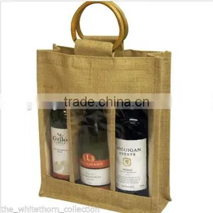Natural Jute Hessian Wine 3 Bottle Gift Party Bags With Windows & Cane Handles thumbnail-1