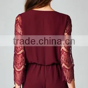 2015 New Stylish Sexy Ladies Deep V Neck Open Front Romper Playsuit Lace Sleeve Short Jumpsuit thumbnail-4