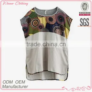2015 Fashion Newest Design Women's Korean Vintage Style Printed Short Front and Long Back Linen Blouse With O-Neck thumbnail-1