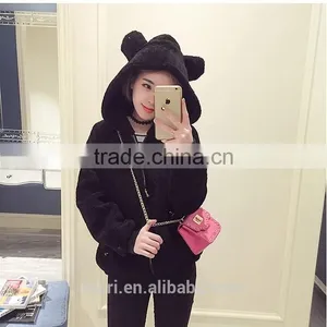 2016 Fashion Lovely Womens Korean Winter Warm Plush Rabbit Ears Hooded Thick Elastic Waist Jacket Ladies Fur Coats thumbnail-3