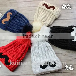 Cartoon Smile Face Lovely Acrylic Knitted With Faux Fur Ball Beanie Women Men Autumn Winter Cap Warm Hat thumbnail-1