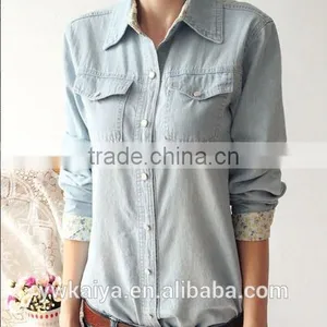 2014 New Design Denim Long Sleeve Two Chest Pocket Summer Casual Women Blouse thumbnail-1