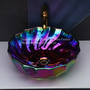 Hotel Bathroom Wash Sink Modern Gold New Round Big Size Pattern Electroplated Ceramic Washing Basin thumbnail-3