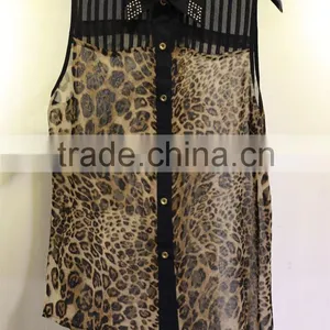 Black Mesh Panel Shoulder Leopard Chiffon Tops thumbnail-1