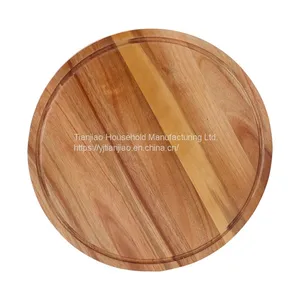 Custom Round Solid Wooden Chopping Board With Juice Groove Serving Food Natural Acacia Wood Kitchen Thick Cutting Boards thumbnail-3