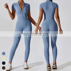 Custom Activewear Quick Dry Breathable Zipper Short Sleeve Leggings Jumpsuit Workout Rompers Jumpsuits Playsuits Bodysuits thumbnail-1