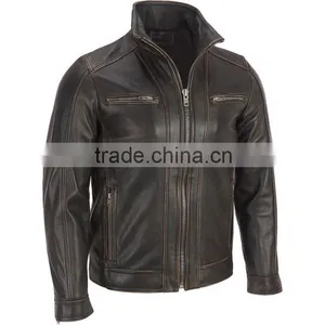 Black Distressed Mens Biker Style Leather Jacket Faded Seam thumbnail-1