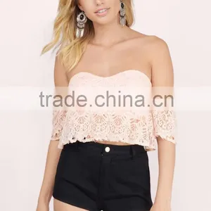 2016 Off Shoulder Pink Lace Crop Top thumbnail-1