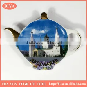 Ceramic Tea Bag Holder Porcelain Souvenir Teapot Shape Tea Bag Holder With Custom Design Decal Golden Famous Scenic Spot Print thumbnail-1