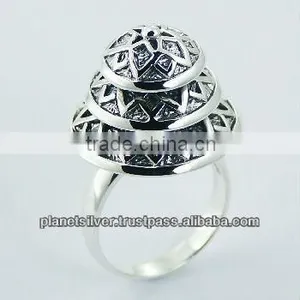 Antiqued Polished Sterling Silver Rounded Cone Ring Triangular Flowers thumbnail-1