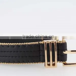 Women's Fashion Gold Metal Studded PU Black Leather Jeans Belt With Double Bean Chian thumbnail-3