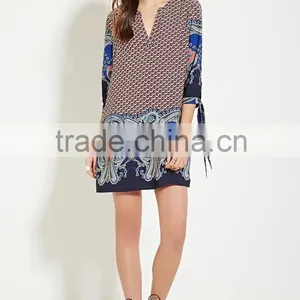 2016 V Neck Rayon Printed Loose Blouse Dress For Contemporary Women thumbnail-4
