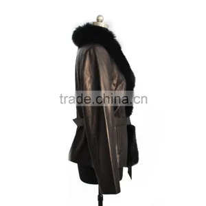 2015 New Fashion Women Leather Coat With Fox Fur Trim Hot Sale thumbnail-3