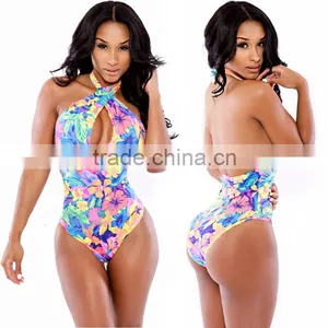 Sexy Women Hot Beach Jumpsuit Print Flower One-piece Beach Wear Backless Bodycon Slim Tight Sleeveless Halpter Swimwear thumbnail-1