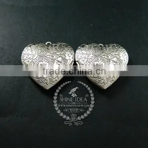 40mm Vintage Style Antiqued Silver Flower Engraved Heart Shape Photo Locket Pendant Charm DIY Supplies 1133006 thumbnail-2
