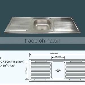 JZ-362 Cheap 1.5m Double Drain Board Single Bowl Stainless Steel Kitchen Sink thumbnail-2