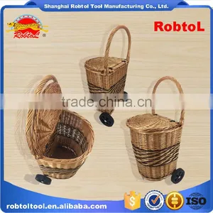 Unique Vintage Willow Weaved Woven Wicker Shopping Trolley Wheels Basket Cart thumbnail-2