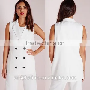 Women Fancy White Sleeveless Double Breasted Slim Fit Blazer thumbnail-6