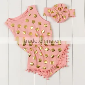 2017 Wholesale Baby Clothing Baby Girl Boutique Romper Fashion Gold Polka Dots Pompom Jumpsuit With Headband thumbnail-2