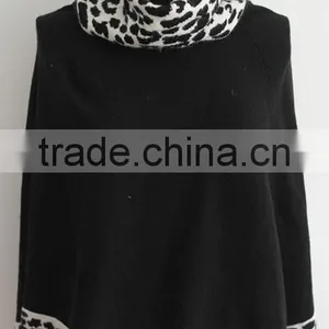 Fashion Ladies Jacquard Knitted Turtle Neck Poncho Sweater thumbnail-1