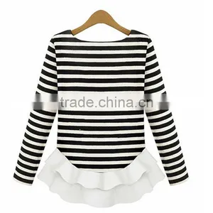 Autumn Latest Design Round Neck Ivory Long Sleeve Chiffon Stitching Knitting Striped Printing t Shirt Design thumbnail-3