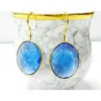 Swiss Blue Topaz Hydro Bezel Setting 17*20mm Oval Silver Gold Plated Earring thumbnail-3