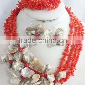 Free Shipping!!! Red Coral and Shell Flower Jewelry Set With Necklace Earrings and Bracelet thumbnail-3