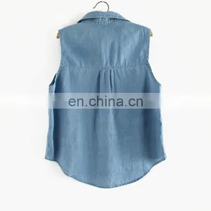 Women Solid Color Lapel Sleeveless Denim Shirt Plus Size Clothing thumbnail-2