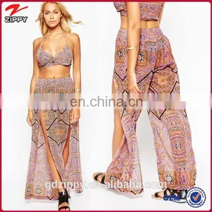 High Fashion Purple Graphic Print Split Beach Loosly Ladies Trousers Pants thumbnail-1