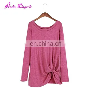 Solid Rose Red Irregular Knot Fashion Ladies Long Sleeve Women Top and Blouses thumbnail-3