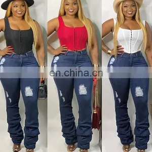 Winter Female Stacked Denim Pants Women Retro Pleated Hole Jeans Straight Trousers Fashion Casual Hole Solid Night Club Pants thumbnail-1