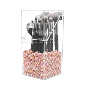 Covered Makeup Brush Holder With Dustproof Lid, Pearls Beads, Large Capacity Acrylic Clear Cosmetic Brush Storage Organizer for Vanity thumbnail-2