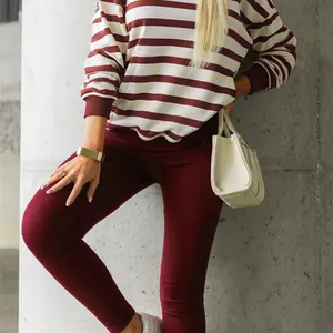 Red Stripe Pullover Hoodie Ribbed Solid Pants 2pcs Set Outfit Gray Leopard Print Raw Seam Patchwork Pullover Drawstring Loose Pant Set Wholesale thumbnail-1
