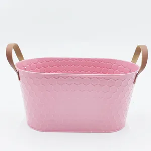 Pastel Oval Metal Planter Basket, Honeycomb Embossed Iron Bucket With Handles for Farmhouse Dried Flower Home Decor thumbnail-3
