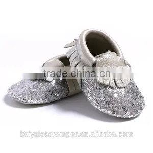 Silver Sequin Charcoal Fringe Baby Leather Moccasins,Toddler Leather Baby Shoes thumbnail-1