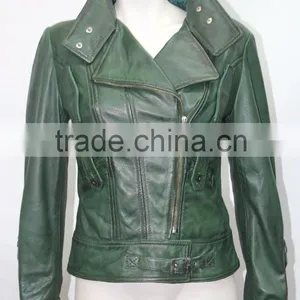 Ladies Short Green 4110 Fitted Waist Length Soft Napa Lambskin Leather Jacket thumbnail-1