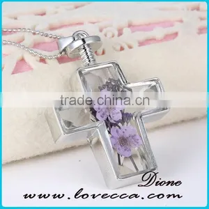 Fashion Latest Design Golden Cross Real Dried Flower Necklace Crystal thumbnail-4