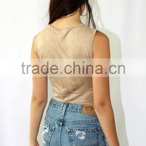 Womens Ladies Suede Top Junior Sexy Clubwear Casual Boho Crop Top thumbnail-6