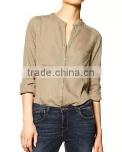 Banded Collar Blouse Shirts Two Pockets Casual Fashion Shirts for Ladies thumbnail-4