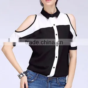 2015 Summer New Design New Feeling Front Open Off the Shoulde Sleeve Fashion Blouse With Mandarin Collar thumbnail-2